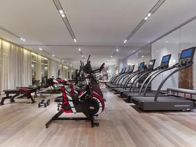 a gym with a row of treadmills and bikes at Baccarat Hotel and Residences New York in New York