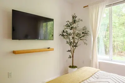 a bedroom with a tv on a wall with a plant at Woodland Retreat in Blakeslee