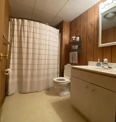 a bathroom with a toilet and a shower curtain at Mountain Lake Retreat in Clifton