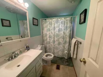 a bathroom with a shower with a toilet and a sink at Most relaxing place on earth in Livingston Manor