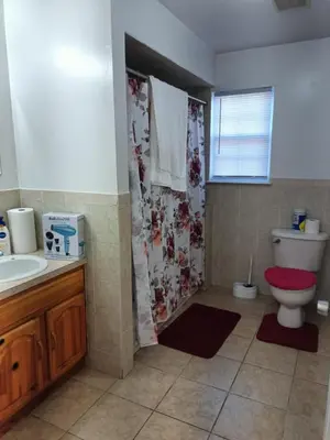 a bathroom with a toilet and a shower curtain at Fada Guest House - 38 Yates Ave Newark in Newark