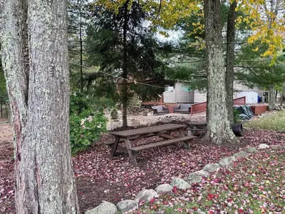 a wooden picnic table sitting between two trees at 5-Bedroom Lakefront, private beach wifi AC boat & in Tobyhanna