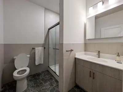 a bathroom with a toilet and a sink and a mirror at 313 brand new 3 bedroom 2 bath in Dunellen