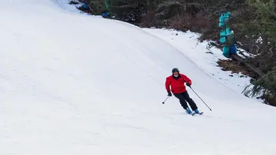 a person is skiing down a snow covered slope at Nature's Paradise with Hot Tub and Fire Pit in Lake Harmony