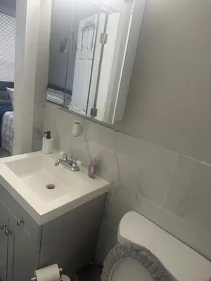 a bathroom with a sink and a toilet and a mirror at Divine Villa and Resort -26 Grace Street Irvington NJ -EWR airport -Prudential - NJIT -Penn station in Irvington