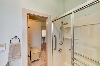 a bathroom with a shower and a glass shower stall at Walk to Creek Mount Joy Home with Peacocks On-Site! in Mount Joy