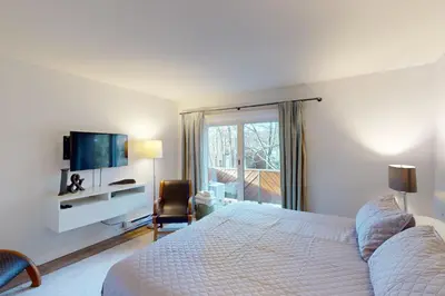 a bedroom with a bed and a tv and a window at 103 Ruffed Grouse Ct in Lake Harmony