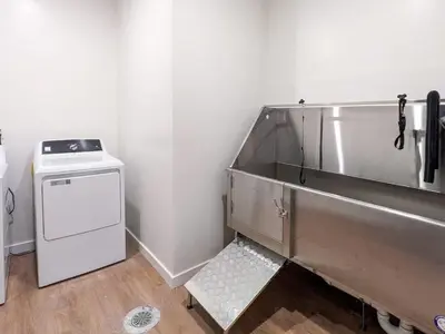 a bathroom with a sink and a washing machine at 329 Modern 1BR Apt Walk to NJT in Dunellen
