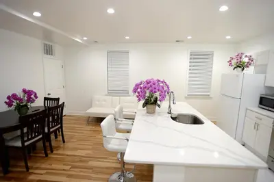 a kitchen with white cabinets and purple flowers on the counter at Spacious and Brand New Apartment in Point Breeze - Prime Location in Philadelphia