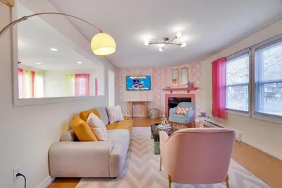 a living room with a couch and a chair at 3BD Stevens Universe Theme - Games - Backyard in Tobyhanna