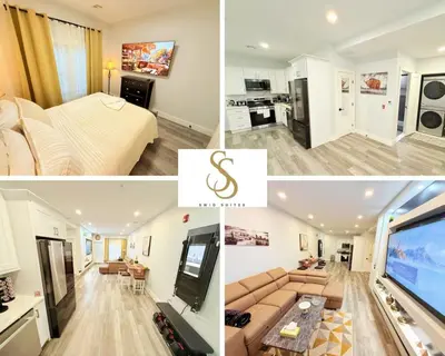 a collage of photos of a living room and a bedroom at The Luxury Suite - 1BR with Gym & Office in Paterson