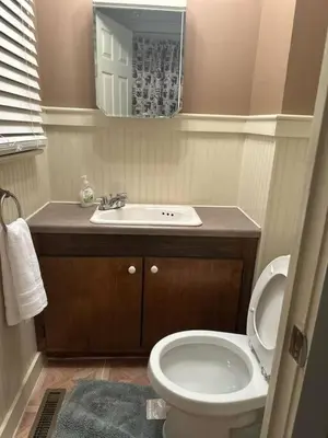 a bathroom with a white toilet and a sink at Cozy 3BR Home near Downtown Lancaster in Lancaster