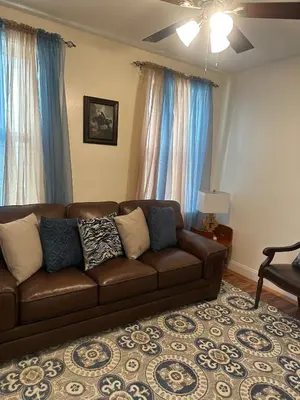 a brown couch in a living room with blue curtains at Genevieves lovely suite in Jersey City