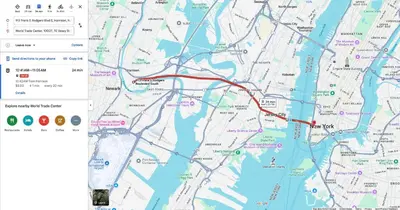 a map with a red line on it at Designer cozy 1 private bedroom w full bath & yard 20 min to nyc in Harrison