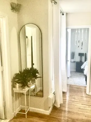 a hallway with a mirror and a table with a plant at Apart Studio West NYNJ 12Mints From NYCity TimeSquare in West New York