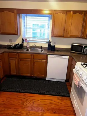 a kitchen with wooden cabinets and a sink and a window at 3-Bedroom Apt 5 miles AirPort in Newark