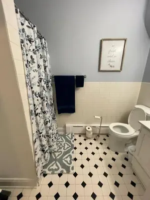 a bathroom with a toilet and a shower curtain at House of the Heart at Trolley Square! in Wilmington