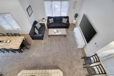 an overhead view of a living room with a tv at Lake Harmony Retreat Perfect Family Getaway in Lake Harmony