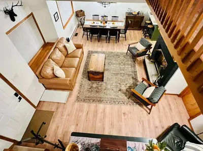 an overhead view of a living room and dining room at Cozy Cottage by the Lake in Albrightsville