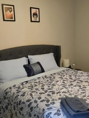 a bedroom with a large bed with a black headboard at Hidden Gem in Norristown