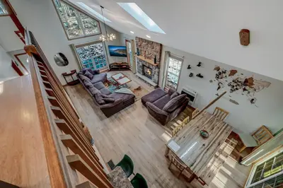 an overhead view of a living room with furniture at Locust Lake Livin Hot Tubfire Pitskiingpets in Pocono Lake
