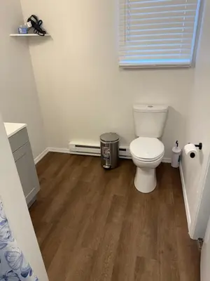 a bathroom with a toilet and a wooden floor at poconos mountain luxury cozy vacational house in the heart of Poconos in Tobyhanna