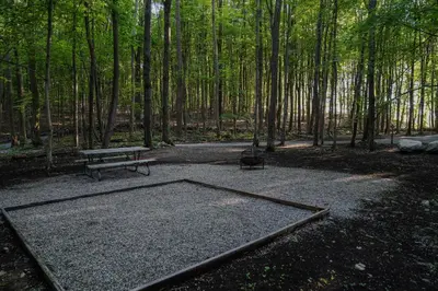 a picnic table and a bench in the middle of a forest at Campsite 1 at Moon Valley Campground in Vernon Township