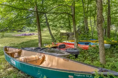 a boat sitting on the grass next to trees at Rose & Thorne in Gardiner