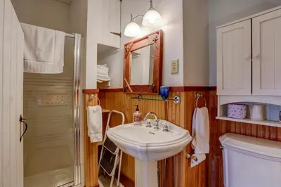 a bathroom with a sink and a shower at Osceola Mill House Bed and Breakfast in Gordonville