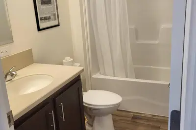 a bathroom with a toilet and a sink and a shower at Serenity On The Lehigh River in Thornhurst