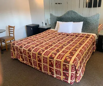 a hotel room with a large bed with a colorful bedspread at Winslow Motel in Lyndhurst