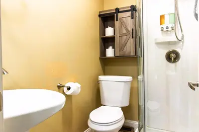 a bathroom with a toilet and a sink and a shower at Ground-Level 2B2B Apt in Bryn Mawr w Parking in Bryn Mawr