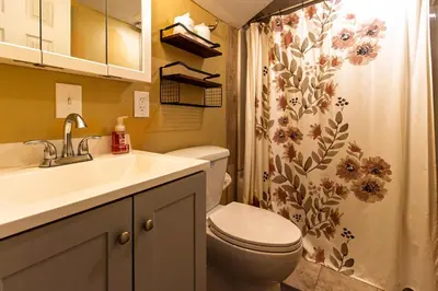 a bathroom with a toilet and a sink and a shower curtain at Ground-Level 2B2B Apt in Bryn Mawr w Parking in Bryn Mawr