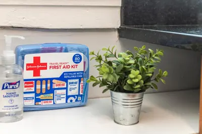 a plant in a vase next to a container of first aid kit at Bryn Mawr GemBalconyDedicated Parking50TV in Bryn Mawr
