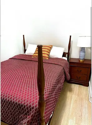a bed with a red comforter and a table with a lamp at Beautiful House for Rent in Philadelphia