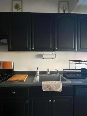 a kitchen with black cabinets and a sink at Ironbound 4 bdrm Industrial Suite! FREE parking in Newark