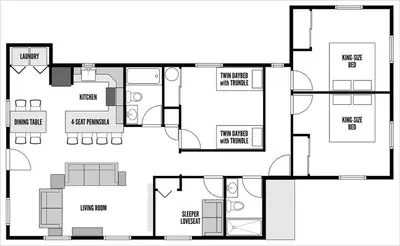 a black and white floor plan of a house at 1 floor, Pocono Pond house with Game Room in Tobyhanna