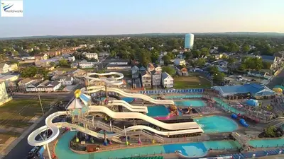 an aerial view of a water park with slides at Bayview Coastal Home - Steps to Shore & Free Parking in Keansburg