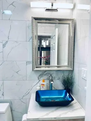 a bathroom with a blue sink and a mirror at Lovely Beautiful 2BR Apt in Center City in Philadelphia