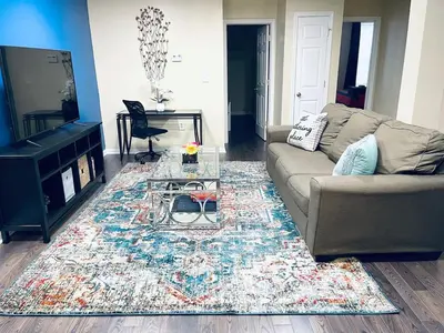 a living room with a couch and a rug at Cozy Beautiful 2BD Apt in Center City in Philadelphia