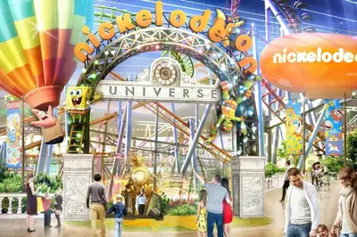 a rendering of the entrance to the nickelodeon universe amusement park at Movie - 4 bedroom with King bed, deck and 80 in Movie Screen in Bayonne
