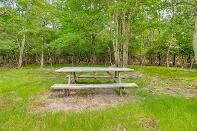 a picnic table sitting in the grass in a field at Community Pools and Hot Tub Albrightsville Cottage! in Albrightsville