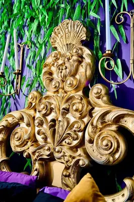 a gold bed frame with a design on it at Siren's Cozy Cove Hideaway Mins from Downtown in Philadelphia