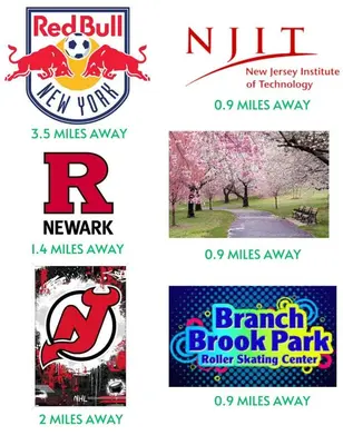 four logos for different parks and a tree at NYC 2 Bed America Dream Mall Train Station in Newark