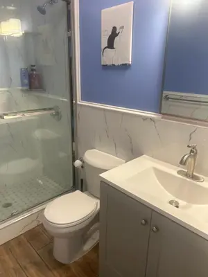 a bathroom with a toilet and a shower and a sink at Cozy 2-3 Bedroom Apartment in Center City! in Philadelphia