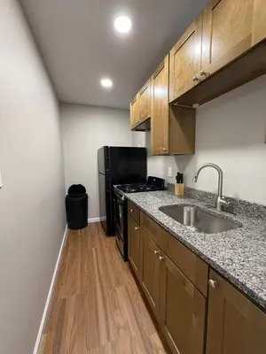 a kitchen with a sink and a black refrigerator at Cozy Cottage Flexible Stay in Wrightsville