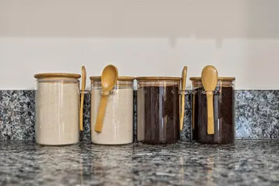 a row of five jars and spoons on a counter at Luxury 3BR Rooftop Apartment Walk to MET and Metro in Philadelphia