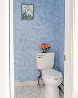 a bathroom with a toilet with a blue wall at The Yuzu stunning mountain retreat with hot tub in Gardiner