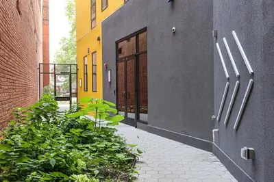 an alley with doors and plants next to a building at Studio Apartment in the Philadelphia in Philadelphia