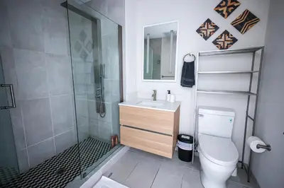 a bathroom with a shower and a toilet and a sink at StudioAprt QueenBed,WiFi,WD,Parking,Gym in Philadelphia